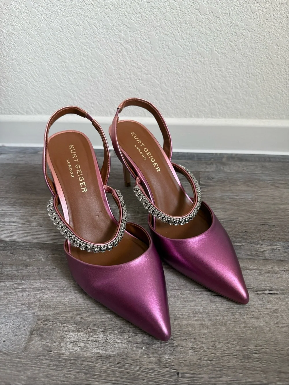 Kurt Geiger Metallic Magenta Slingback Heels with Crystal Strap